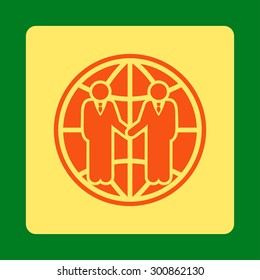 Global partnership icon. Vector style is orange and yellow colors, flat rounded square button on a green background.