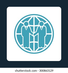 Global partnership icon. Vector style is blue and white colors, flat rounded square button on a dark blue background.