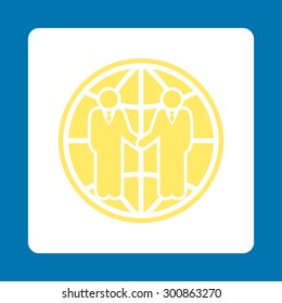 Global partnership icon. Vector style is yellow and white colors, flat rounded square button on a blue background.
