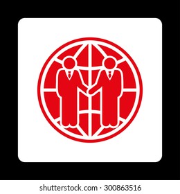 Global partnership icon. Vector style is red and white colors, flat rounded square button on a black background.
