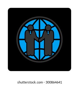 Global partnership icon. Vector style is gray and light blue colors, flat rounded square black button on a white background.
