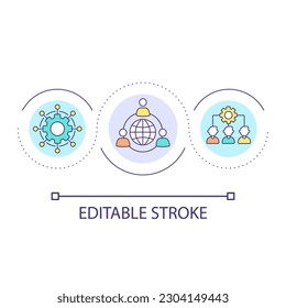 Icono de concepto de bucle de asociación global. Red internacional. Ilustración de línea delgada de idea abstracta de tecnología de la comunicación. Dibujo de contorno aislado. Trazo editable. Tipo de letra arial utilizado