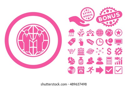 Global Partnership pictograph with bonus elements. Vector illustration style is flat iconic symbols, pink color, white background.