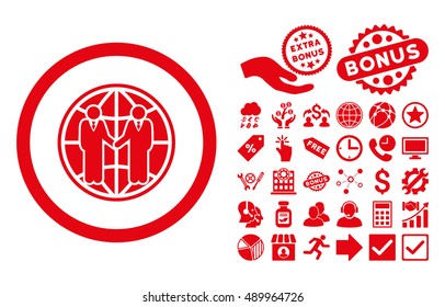 Global Partnership pictograph with bonus pictures. Vector illustration style is flat iconic symbols, red color, white background.