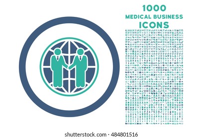 Global Partnership rounded vector bicolor icon with 1000 medical business icons. Set style is flat pictograms, cobalt and cyan colors, white background.