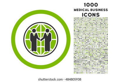 Global Partnership rounded vector bicolor icon with 1000 medical business icons. Set style is flat pictograms, eco green and gray colors, white background.