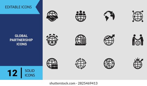 Global partnership solid icon set illustrating international corporate alliances cross border business expansion worldwide networking and strategic trade agreements for commercial success