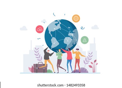 Concepto de ilustración de la alianza global que muestra una asociación global entre socios de negocios, adecuado para página de inicio, ui, web, tarjeta de introducción de aplicaciones, editorial, volante y banner.