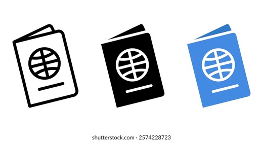 Global passport icon. Travel document sign. Tourist visa symbol. Border control identity sign. International id pictogram. Immigration illustration.