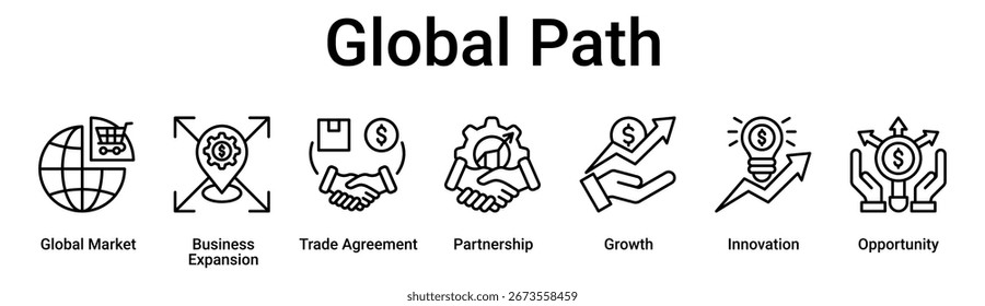 Global Path-Banner-Websymbol, Vektorgrafik-Konzept für Unternehmen mit einem Symbol für den globalen Markt, die Geschäftsexpansion, Handelsabkommen, Partnerschaft, Wachstum, Innovation.