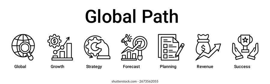Concepto de Ilustración vectorial de ícono de Web de Anuncio de camino global para negocios con ícono de Global, Crecimiento, Estrategia, Pronóstico, Planificación, Ingresos.