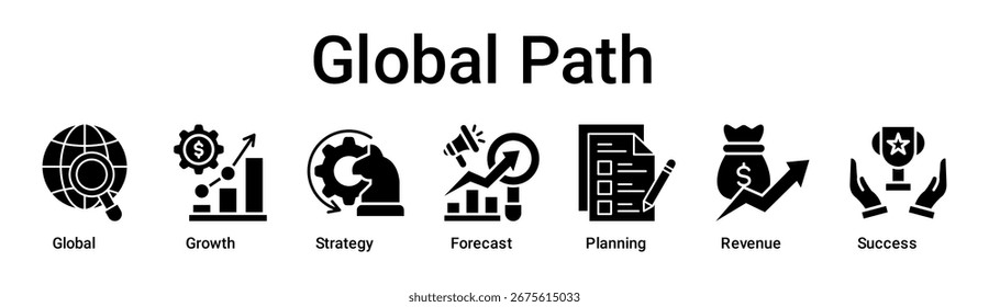 Concepto de Ilustración vectorial de ícono de Web de Anuncio de camino global para negocios con ícono de Global, Crecimiento, Estrategia, Pronóstico, Planificación, Ingresos.