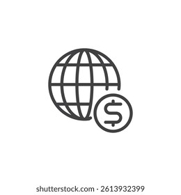 Global Pay line icon. linear style sign for mobile concept and web design. A globe with a dollar symbol outline vector icon. International finance symbol, logo illustration. Vector graphics