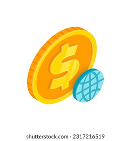 Global Payment 3D icon. Vector Isometric gold dollar coin with world sign. Global money transfer, Global Investment symbol. Online currency exchange, money network, financial world technology.