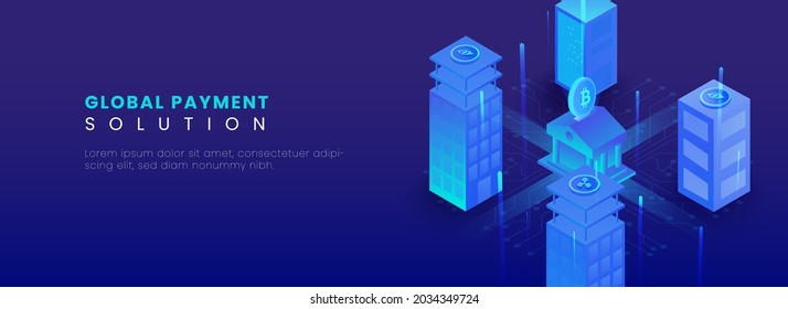 Global Payment Solution Concept With 3D Illustration Of Cryptocurrencies Buildings Connect To Bank On Blue Background.