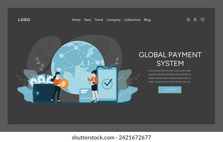 Global Payment System concept. Illustrating the connectivity of modern finance across borders with digital transactions. World commerce at fingertips. Flat vector illustration