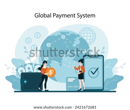 Global Payment System concept. Illustrating the connectivity of modern finance across borders with digital transactions. World commerce at fingertips. Flat vector illustration
