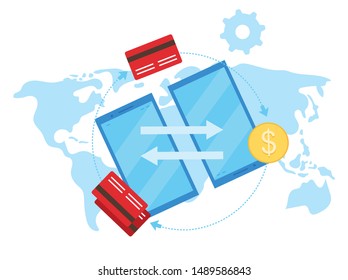 Global payment system flat vector illustration. International financial credit cards transaction cartoon concept. Money transfer, remittance service. Peer to peer payments gateway isolated metaphor