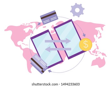 Global payment system flat vector illustration. International financial credit cards transaction cartoon concept. Money transfer, remittance service. Peer to peer payments gateway isolated metaphor