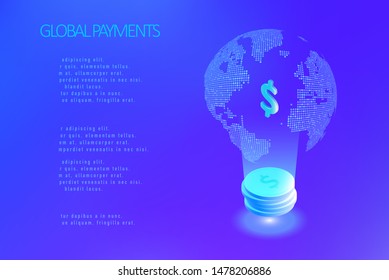 Global Payment System. Isometric Information Technologies. Money Transfer All Over The World. Graphic Concept For Your Design