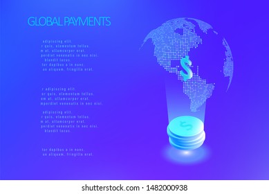 Global payment system. Isometric information technologies. Money transfer all over the world. Graphic concept for your design