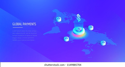 Global payment system. Isometric map of the world with the global financial system. Money transfer all over the world. Modern vector illustration isometric style.