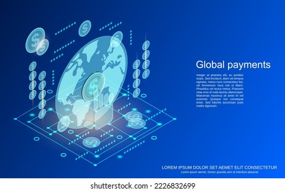 Global payments, money transfer, financial transactions, exchange flat 3d isometric vector concept illustration