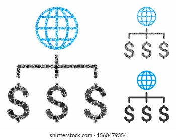 Global payments mosaic of rugged parts in variable sizes and color hues, based on global payments icon. Vector ragged parts are united into mosaic. Global payments icons collage with dotted pattern.