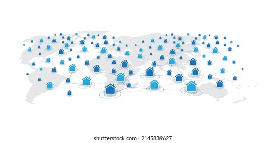 Global Peer to Peer Network, Connected Smart Homes Design, Digital Connection, Data Exchange, Cooperation, Home Office, Remote Work, Sharing Economy, IT, IoT, Cloud Computing or Technology Concept 