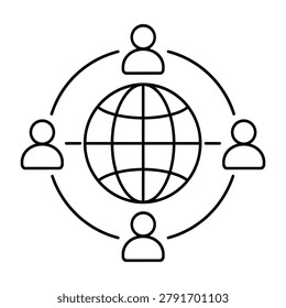 Global people network icon with globe and user figures around circle for international stakeholders and business links vector illustration