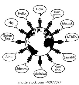 Global people say Hello World as symbols of language translation.