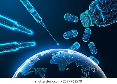 Global pharmaceutical concept with glowing polygonal syringe, pills, ampoules, and medicine bottle over Earth. Innovation in medicine, global healthcare, pharmaceutical industry. Vector illustration.