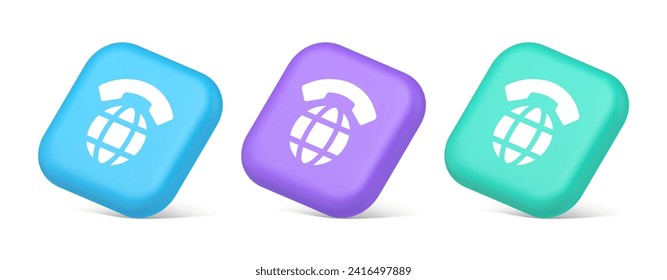 Global phone communication button internet telephone connection 3d realistic blue purple and green icons. World helpdesk virtual cyberspace cellphone digital wireless technology network