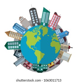 global planet with architecture buildings and houses