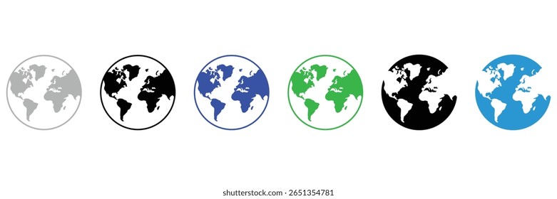 Global planet earth map vector world illustration symbol set of colorful continents shapes icons with round flat simple border.