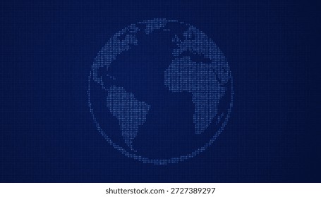 Icono global del planeta construido usando unos y ceros que muestran continentes digitales sobre fondo oscuro