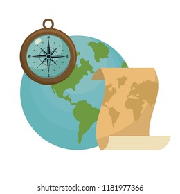 global planet with map and compass tools