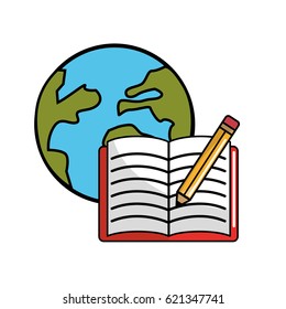 global planet with open notebook and pencils