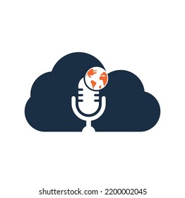 Diseño del logo del concepto de forma de nube de podcast global. Ilustración vectorial de la plantilla del logotipo de la empresa de entretenimiento de difusión.