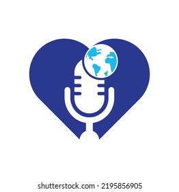 Global podcast heart shape concept logo design. Broadcast entertainment business logo template vector illustration.