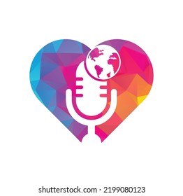 Diseño del logo del concepto de forma cardiaca de podcast global. Ilustración vectorial de la plantilla del logotipo de la empresa de entretenimiento de difusión.