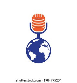 Global podcast logo design. Broadcast entertainment business logo template vector illustration.