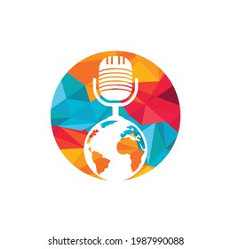 Global podcast logo design. Broadcast entertainment business logo template vector illustration.
