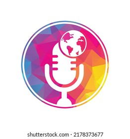 Global podcast logo design. Broadcast entertainment business logo template vector illustration.