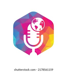 Global podcast logo design. Broadcast entertainment business logo template vector illustration.