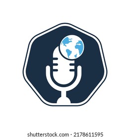 Global podcast logo design. Broadcast entertainment business logo template vector illustration.