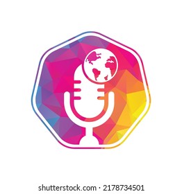 Global podcast logo design. Broadcast entertainment business logo template vector illustration.