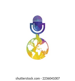 Global podcast logo design. Broadcast entertainment business logo template vector illustration.