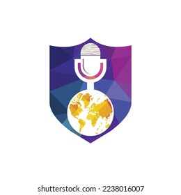 Global podcast logo design. Broadcast entertainment business logo template vector illustration.
