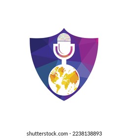 Global podcast logo design. Broadcast entertainment business logo template vector illustration.